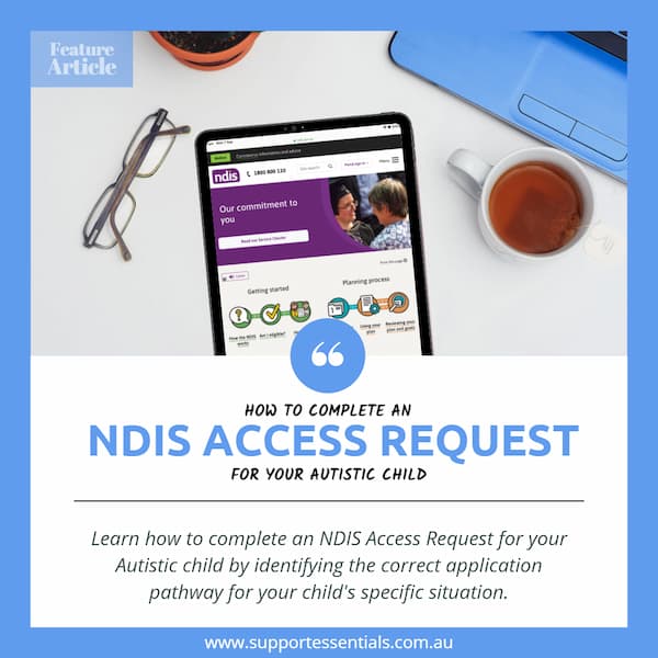 The NDIS website displayed on a tablet sitting on a desk surrounded by reading glasses, a cup of coffee and a laptop